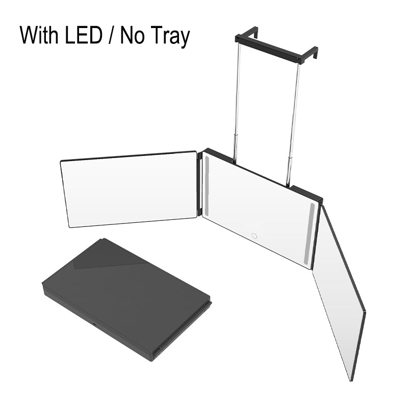 3 Way Trifold Mirror with Tray Storage - 360 Rear View Head & Smart LED Makeup Mirror