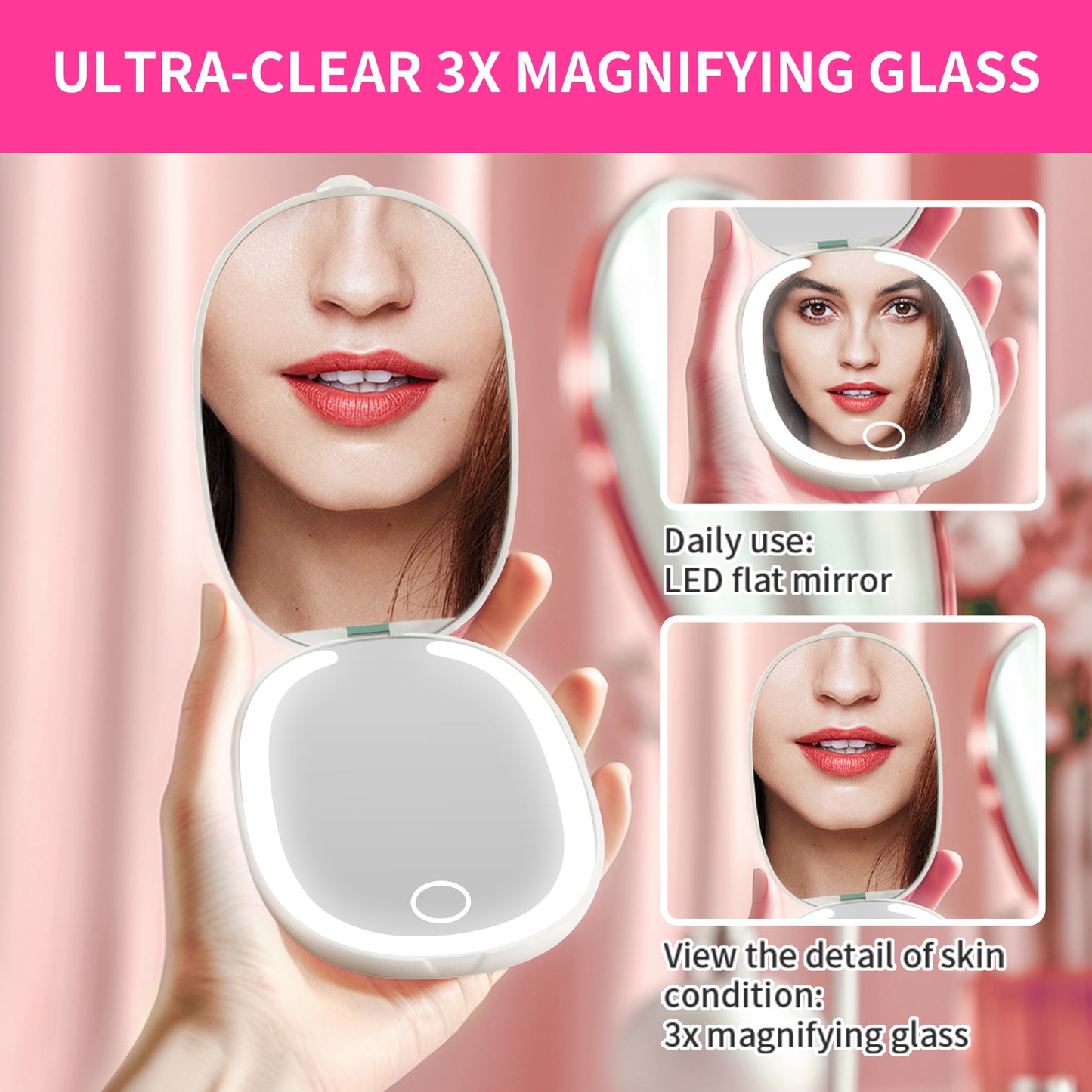 USA Warehouse LED Folding Vanity Mirror 3 Color Lights Adjustable Brightness Dual Side Mirror Portable Handheld Makeup Mirror