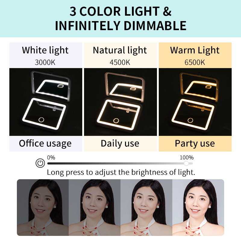 dimmable mirror with scene modes - office usage - daily use - party use - long press brightness control