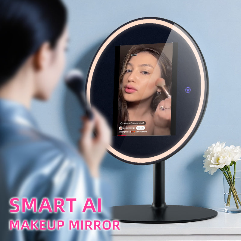 Smart AI Makeup Mirror displaying a video makeup tutorial