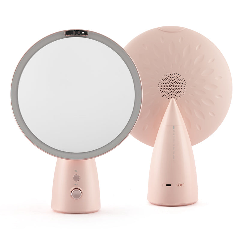 Smart Makeup Mirror Front and Back View with Speaker and Controls