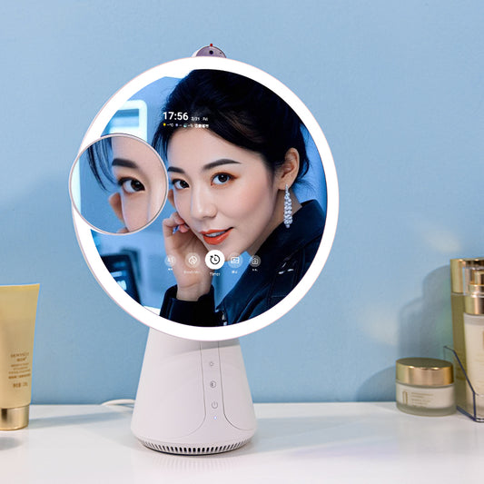 Smart Makeup Mirror Displaying Time And Magnified Eye View