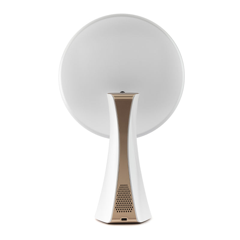 Smart magic mirror back view with gold accent and speaker grille