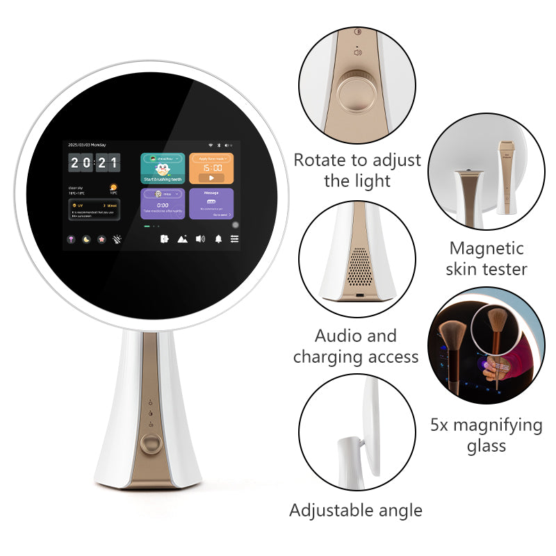 Smart magic mirror details including skin tester and audio access