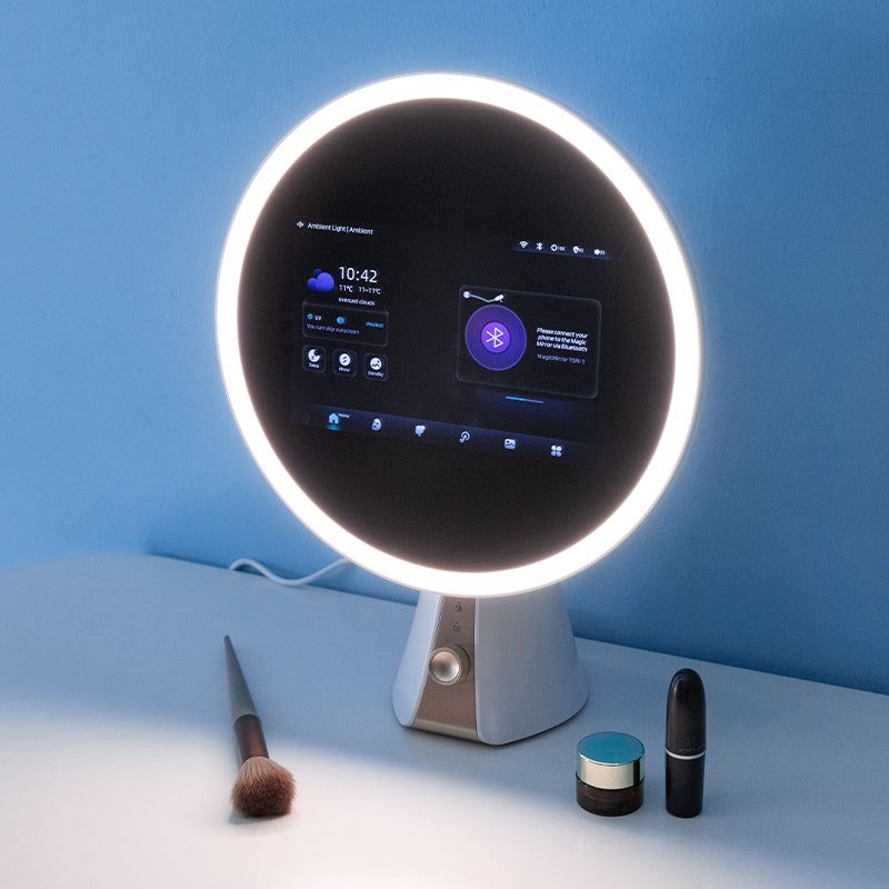 Smart beauty mirror interface showing time, weather, and Bluetooth connection