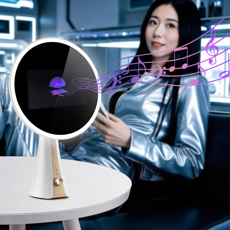 Smart makeup mirror music listening scene with musical notes animation