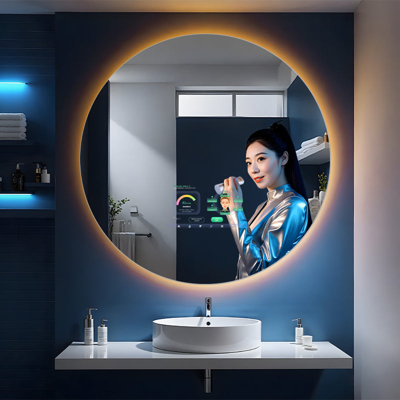 Round Smart mirror showing facial skin test results interface