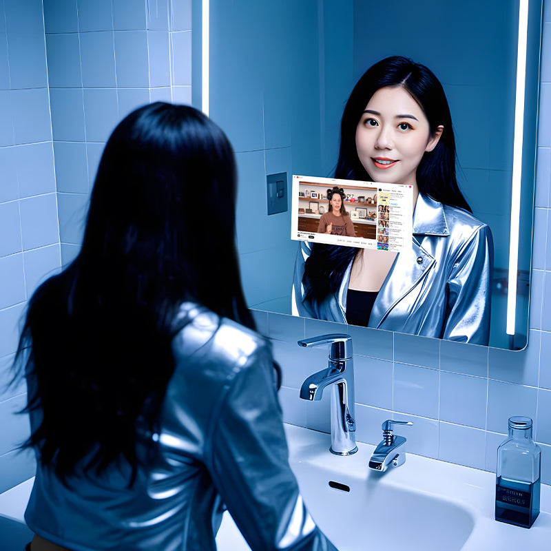Woman using smart mirror with video playback feature