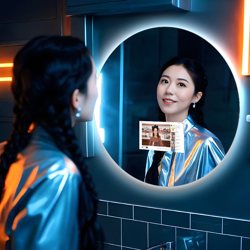 Round smart bathroom mirror displaying video playback on screen