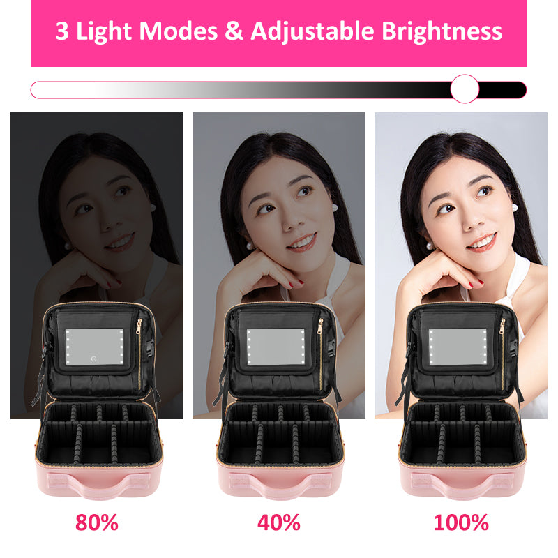 Travel Makeup Train Case With Dimmable LED Mirror Three Light Intensity Settings Comparison