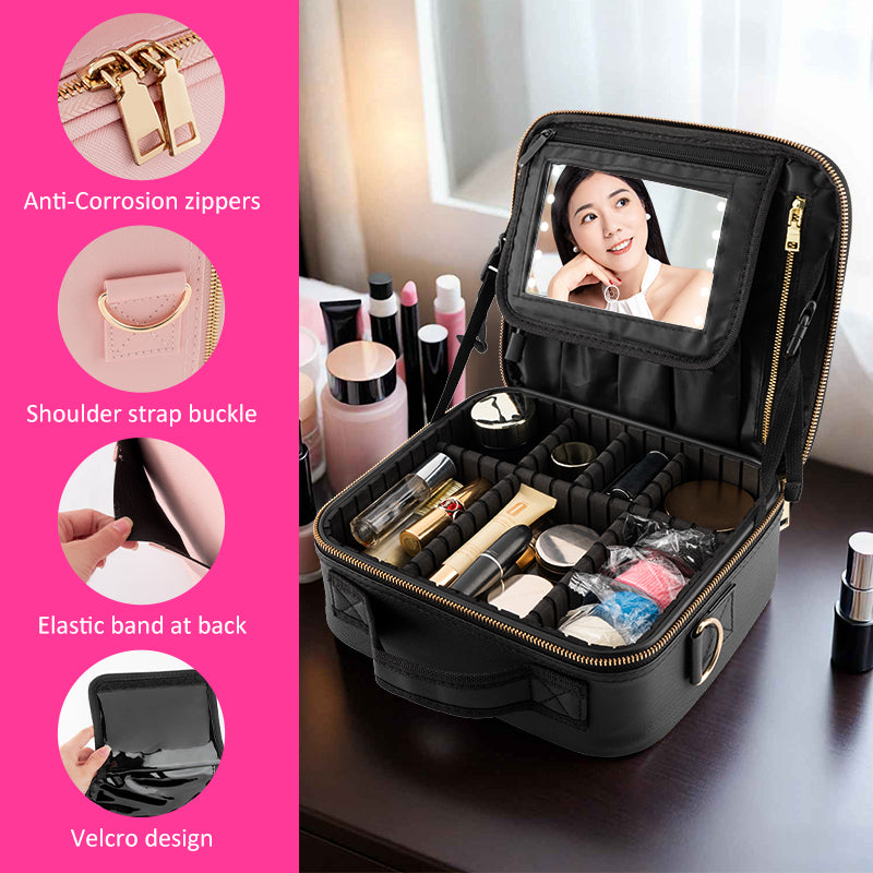 LED Makeup Train Case Black Organizer With Zippers Buckles And Elastic Luggage Strap