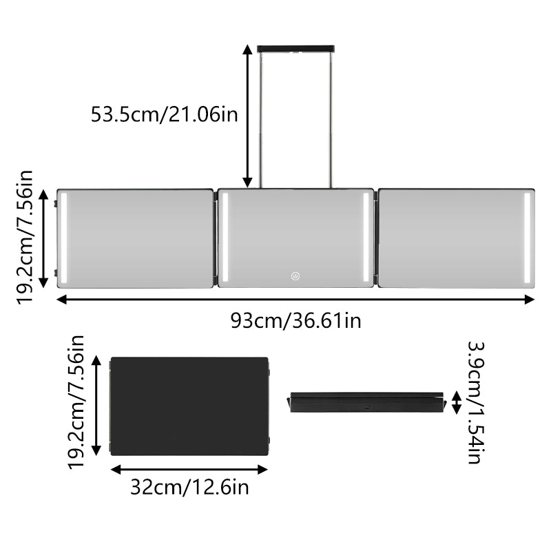 Tri-Fold Mirror Dimensions, Folded 12.6x7.56in And Open 36.6x7.56in