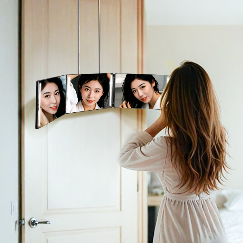 Tri-Fold Mirror Door Hanging, Woman Adjusting Hair With Multi-Angle Views