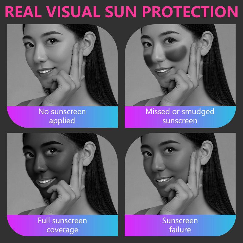 Visual guide showing four sunscreen application results under UV light