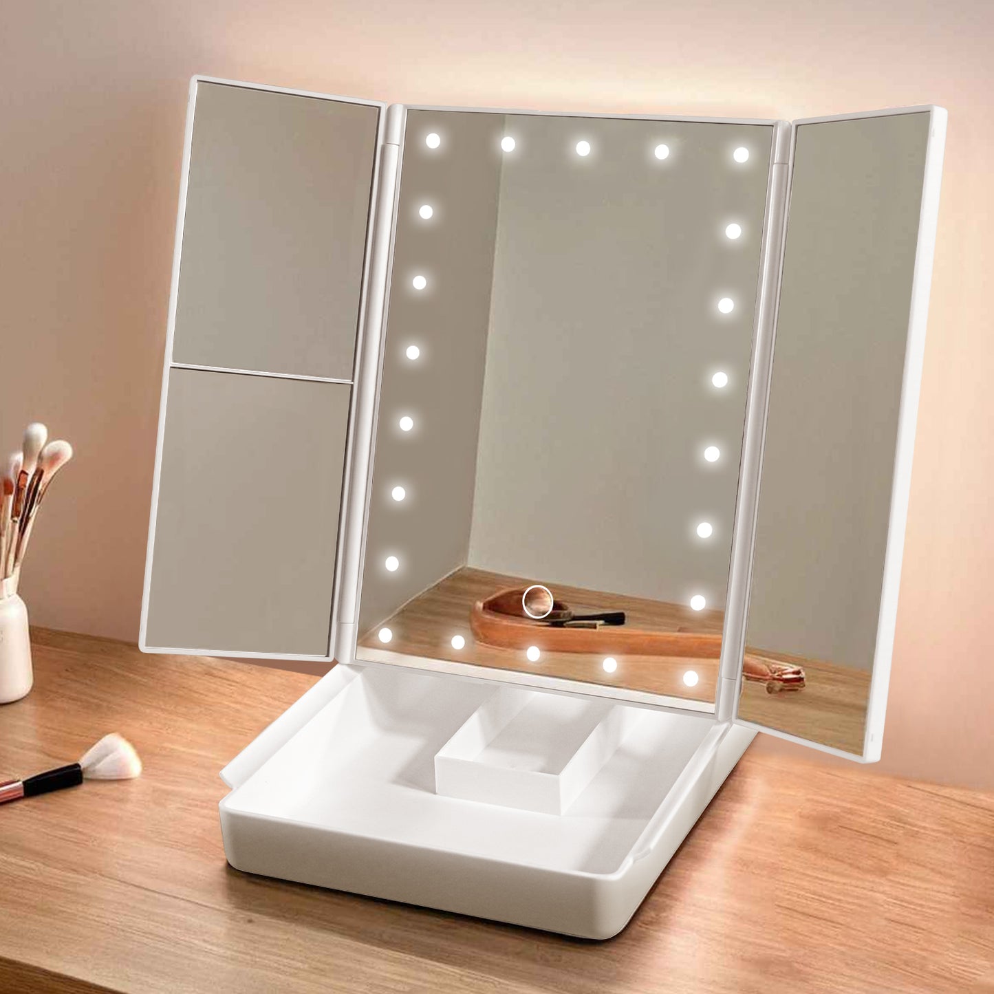 Tri-Fold Lighted Mirror with 22 LED Lights Make Up Mirror with Organizer Box