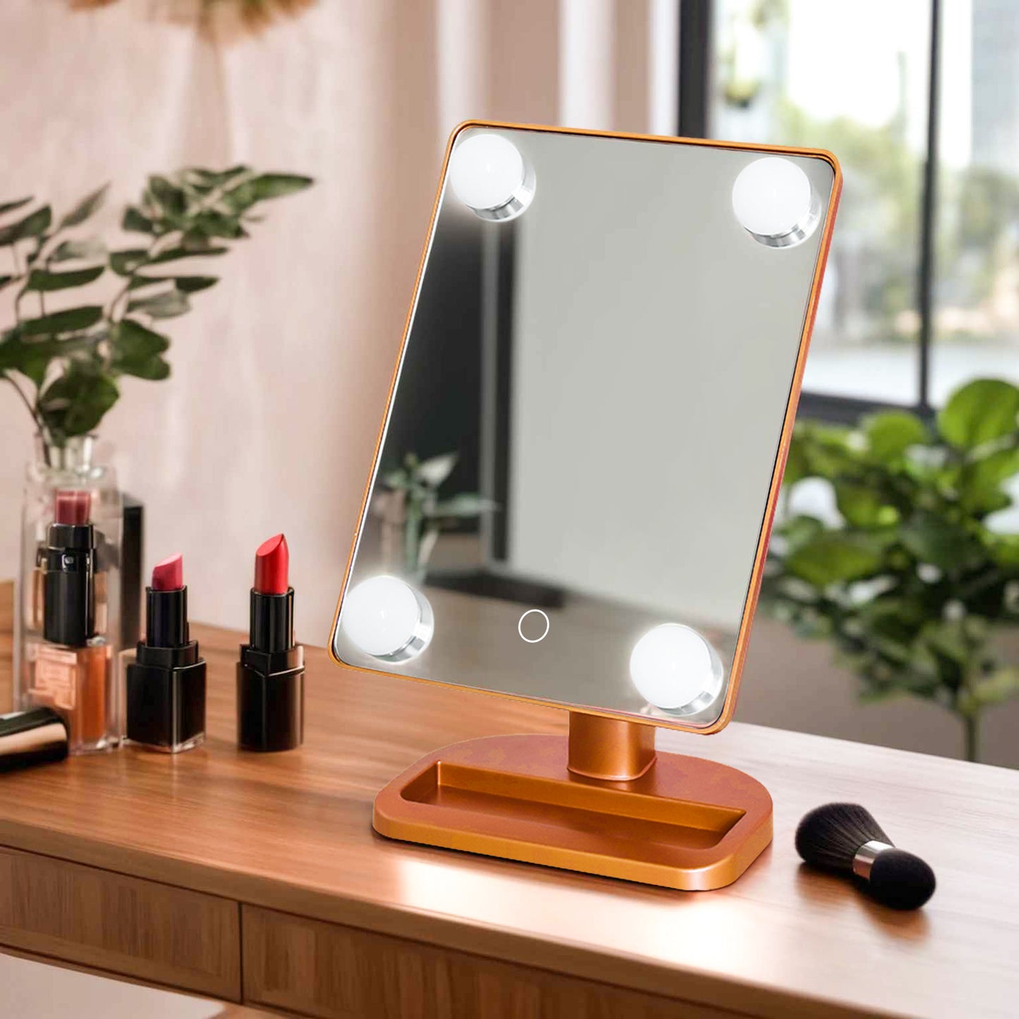 4 Big Bulbs Desktop Mirror With Lights Sensor Switch Makeup Mirror