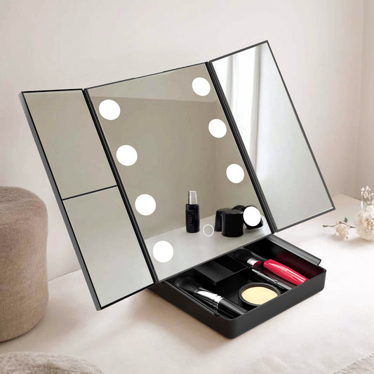 Dimming Portable Tri-Fold Cosmetic Vanity Mirror With Storage Base