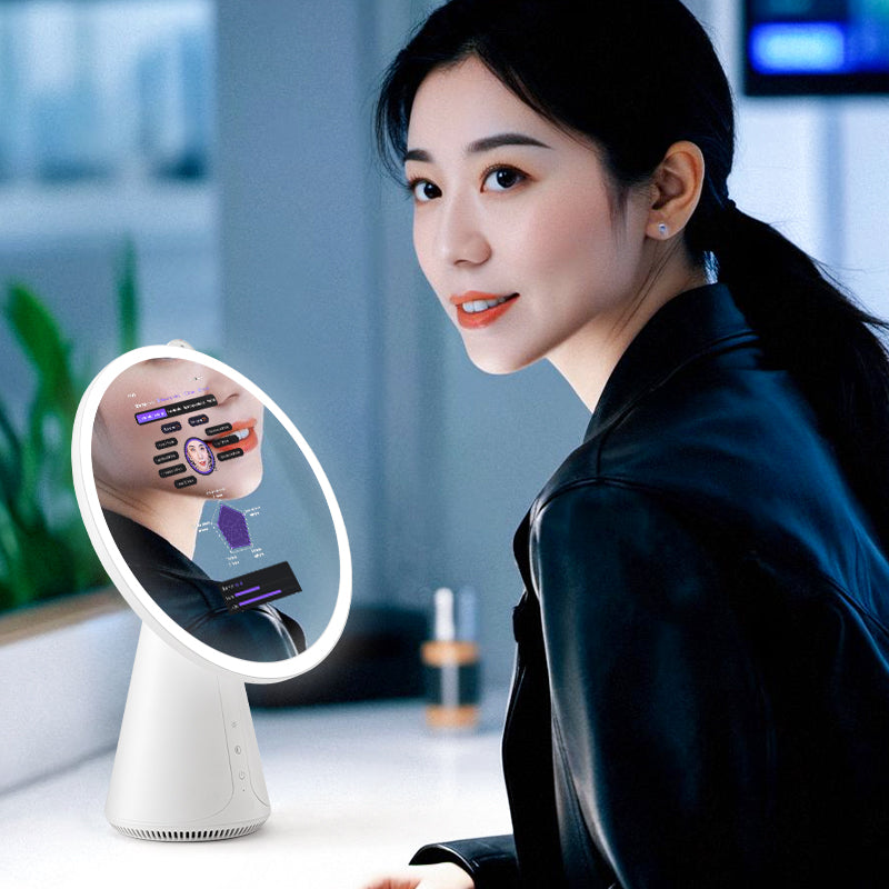 Woman Using AI Skin Analysis Mirror With Facial Mapping