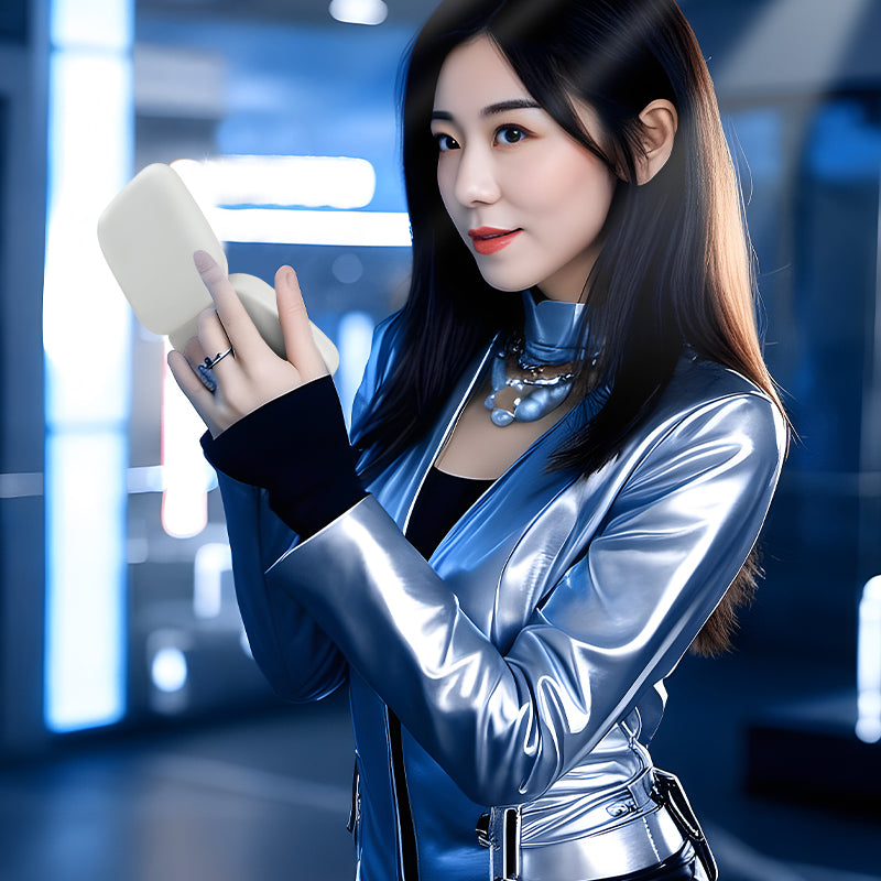 Woman holding a portable makeup mirror in a futuristic setting