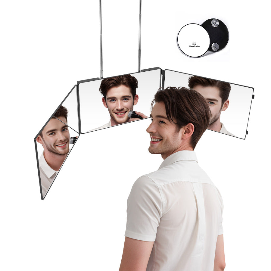 Telescoping Adjustable Hanging Men's Haircutting and Shaving Mirror, Folding Triple Makeup Mirror