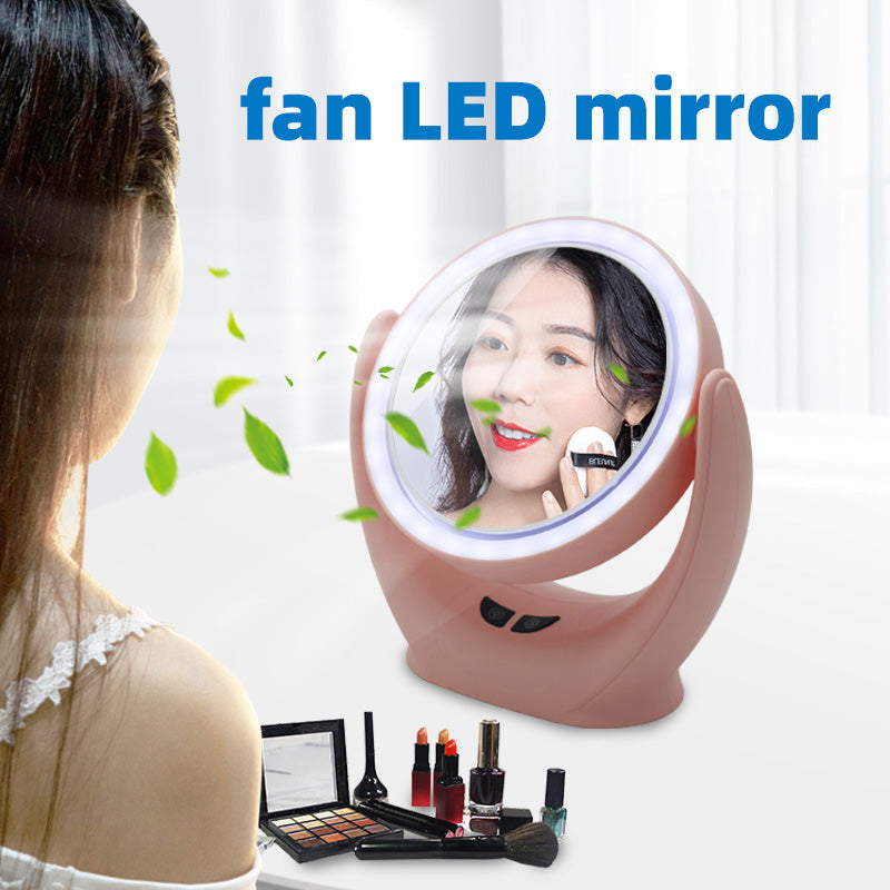 Vanity Mirror with LED Light Strip Round Shape Mirror With Fan Button Switch Control the Wind Enjoy Cooling Wind