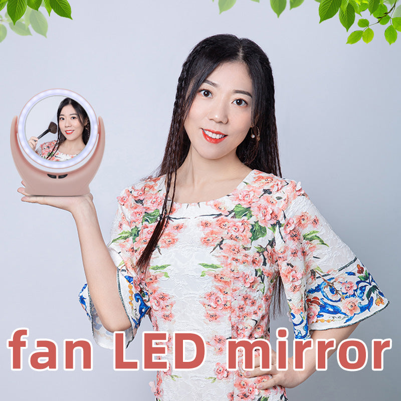 Vanity Mirror with LED Light Strip Round Shape Mirror With Fan Button Switch Control the Wind Enjoy Cooling Wind