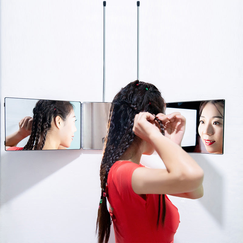 3 way 360 degree Angle Flat Mirror Adjustable Stretch Pole Hand on the Wall or Door Mirror for Self Hair Cutting Mirror