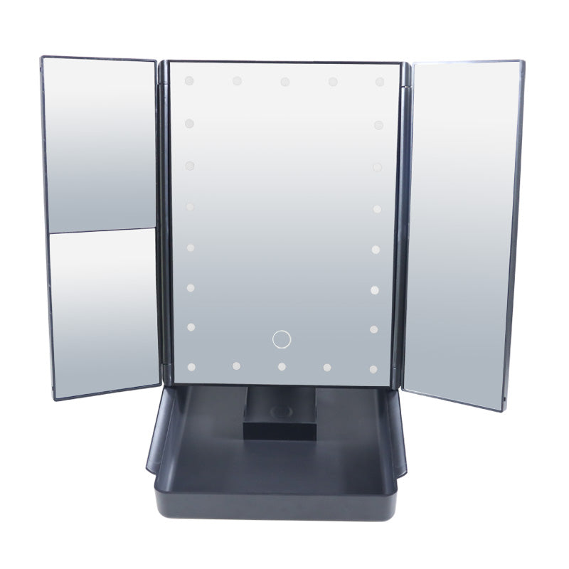 Tri-Fold Lighted Mirror with 22 LED Lights Make Up Mirror with Organizer Box