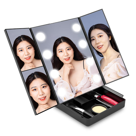 Dimming Portable Tri-Fold Cosmetic Vanity Mirror With Storage Base