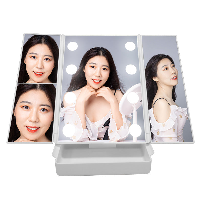 Dimming Portable Tri-Fold Cosmetic Vanity Mirror With Storage Base