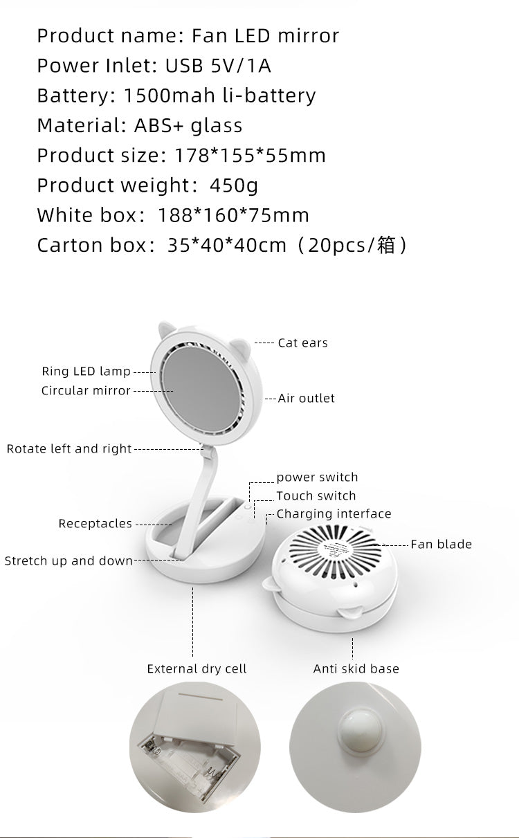 Foldable Cat Ear Shape Fan Mirror 3 Level Adjustable Wind And 3 Step LED Light Mirror