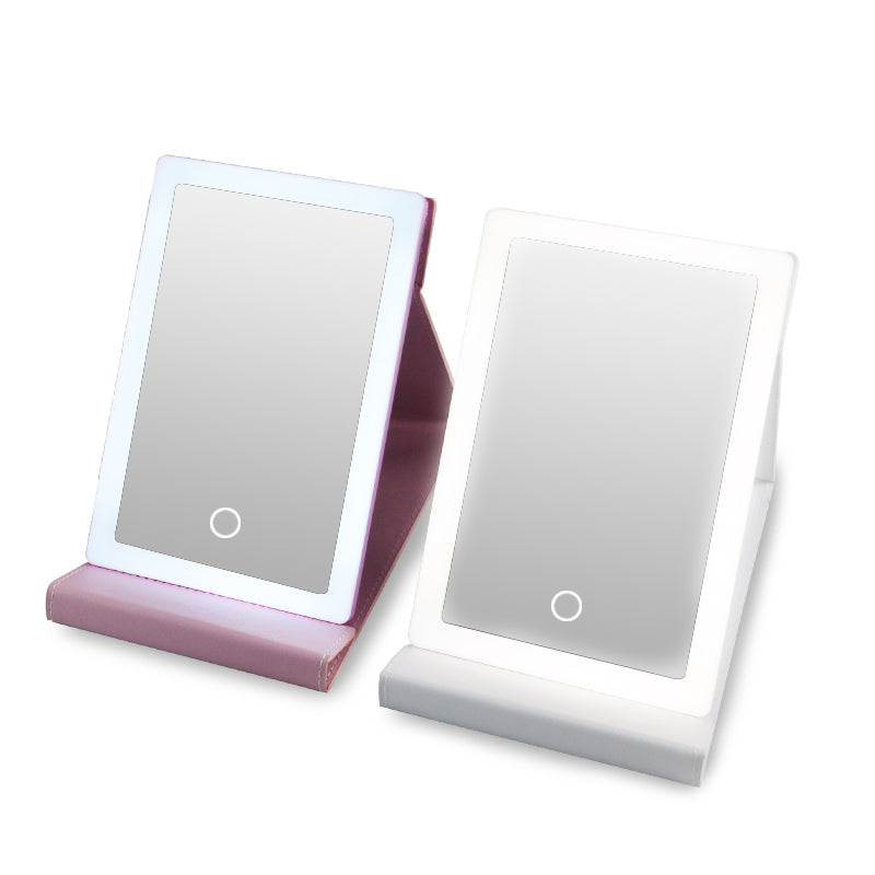 PU  Leather Mirror With 3 Color Lights Adjustable Brightness Desktop Make Up Mirror